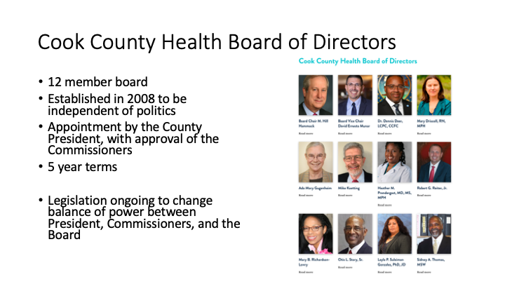 We discussed the governance of Cook County Health, including the professions of the Board of Directors, and the ongoing shifting balance of power between  @ToniPreckwinkle and the Board.  https://www.wbez.org/stories/preckwinkle-wants-new-power-over-cook-county-health/44b4baec-a119-4d97-9ff9-b6bf84c752b5