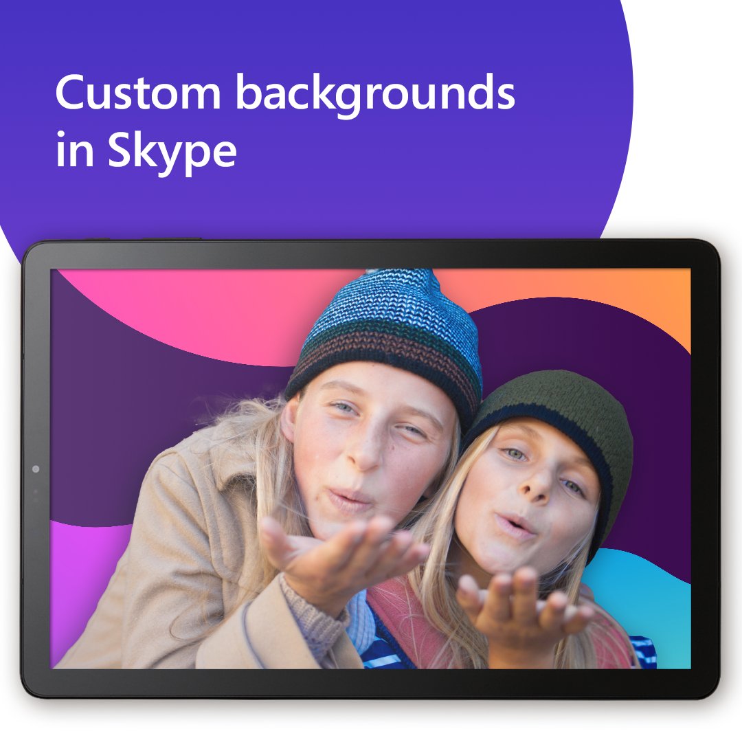 Two kids blowing kisses on a Skype call using a colorful wavy background. Text reads "Custom backgrounds in Skype" in white text on a blue background. 