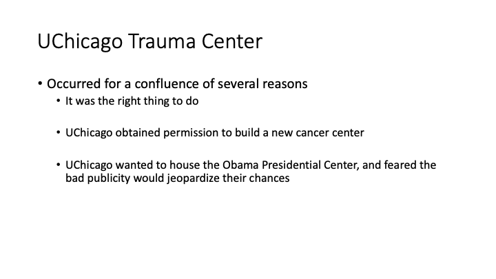 However, as the articles explore,  @UChicagoMed stepped up to become a nation-wide leader in trauma care, and the State of Illinois allowed  @UChicagoMed to build a new cancer center, and local advocates joined in pushing for the Obama Presidential Center to come to the South Side.