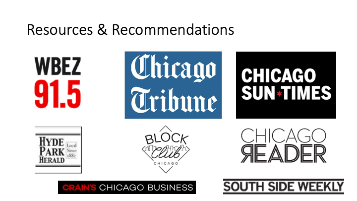 Again, I benefited from  @WBEZis my absolute favorite, and  @chicagotribune, @SunTimes, and  @CrainsChicagodo quality reporting, but I also rely heavily on  @HydeParkHerald,  @southsideweekly,  @chicagoreporter, and  @BlockClubCHI for more local news on policy & advocacy