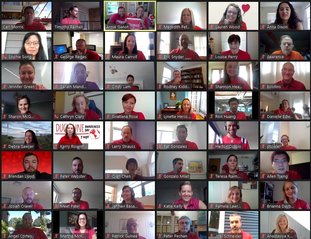 Solid_Bio's tweet photo. We wore red for Duchenne – and it was a Solid showing! Our team joined @JettFoundation to recognize World Duchenne Awareness Day and sported red during a recent all employee meeting. #TogetherWeAreSolid #StrongerThanDuchenne #WDAD2020 #FightDMDTogether https://t.co/uaTv8Z3926