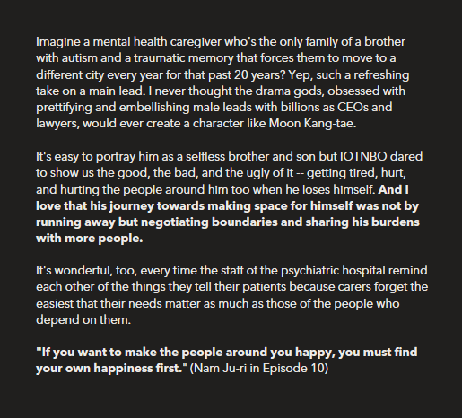 #2 Care for the carers: the writing speaks with raw honesty to experiences of family members of people living with mental health issues w/o making romanticized caricatures of them.  See the posts from here:  https://twitter.com/annyaeong1/status/1302968363635929089