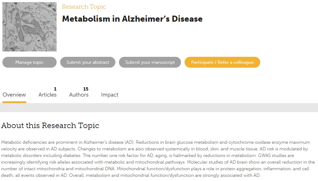 FrontiersIn's tweet image. It's World #Alzheimer's Month! 

Contribute to the fight with the disease - submit your research to this @FrontNeurosci article collection aiming to expand our knowledge of metabolism in Alzheimer’s disease: fro.ntiers.in/b2ps

#WorldAlzMonth
#LetsTalkAboutDementia