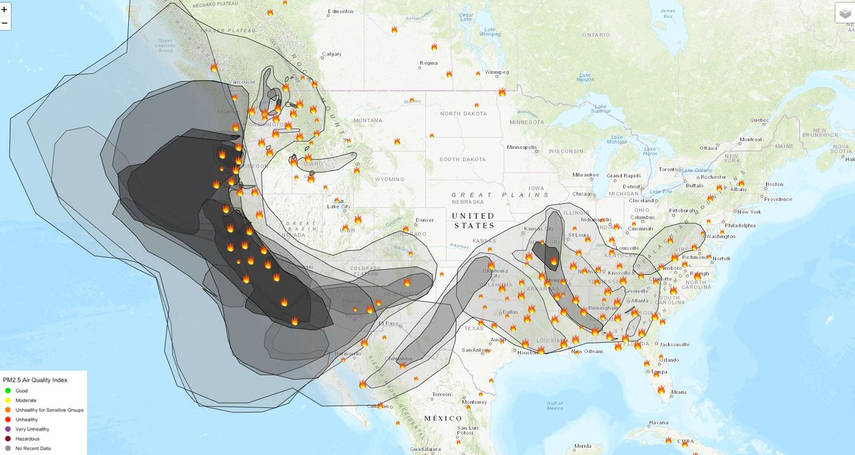 National fire &amp; smoke analysis clearly shows the West Coast seeing the worst conditions. 🔥 This interactive map includes an air quality layer option as well: tools.airfire.org/airtools/v1/pn…