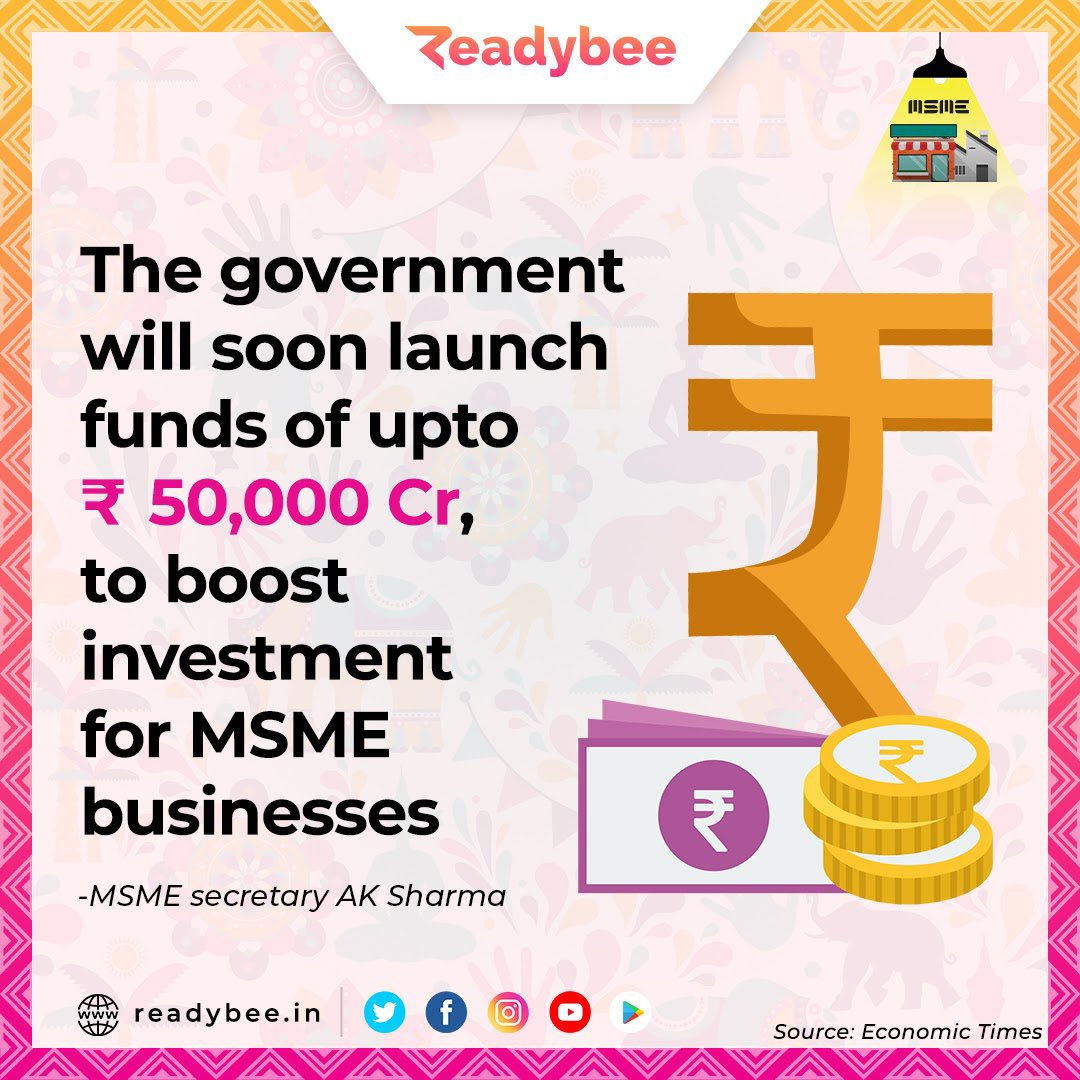 readybeeOnline's tweet photo. A.K Sharma, MSME Secretary also added that venture capital and private equity firms will be invited to invest in small businesses.
.
#msmeupdates #readybee #smallbusiness #AatmaNirbharVendor #MSMEChampions #MSMEs #MSMESchemes #nimsmeeconnect https://t.co/ccF5O7hssq