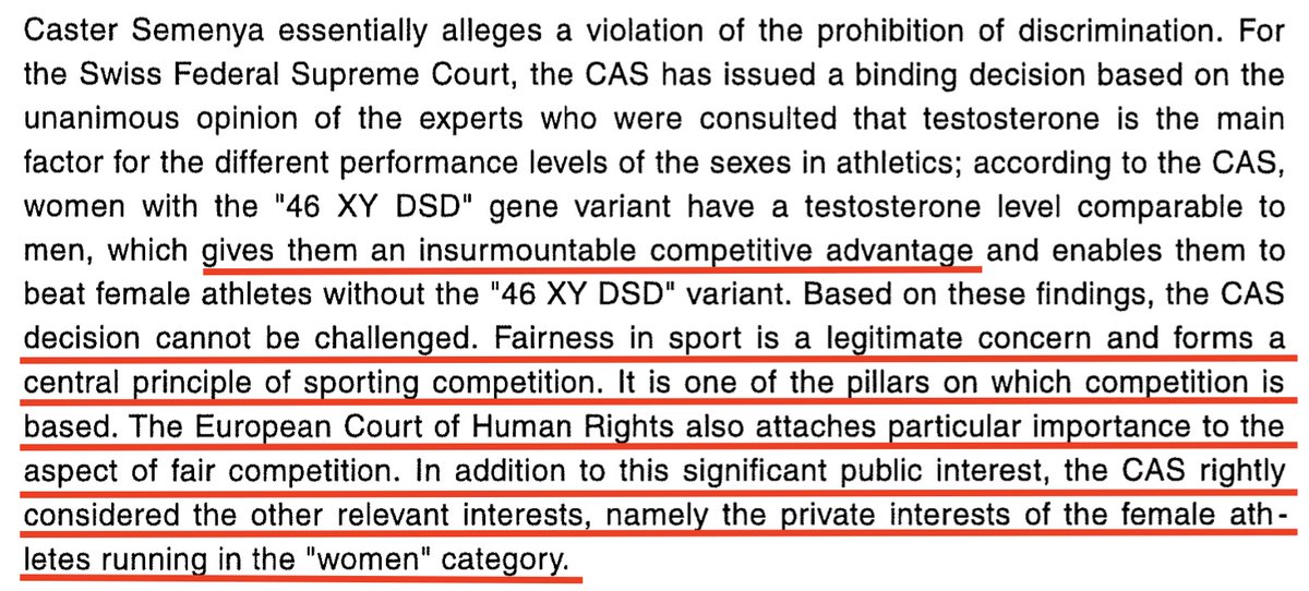 …to be seen what Semenya does. I see 3 options. First is another appeal, presumably to European Human Rights court. In that context, the language in the decision is interesting - they are very explicit in saying that fair competition is valued by the ECHR. Interesting (13/)