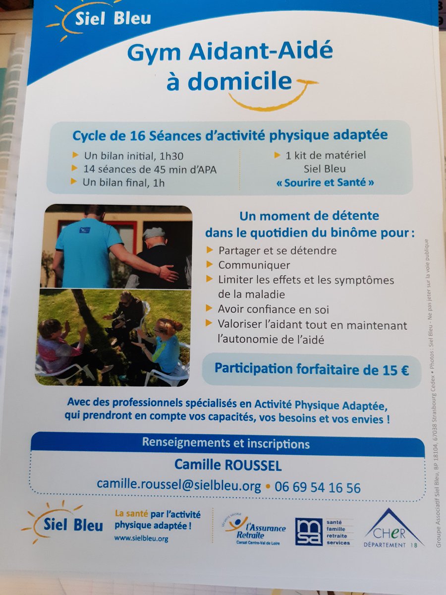 Subvention gym aidant-aidé à domicile disponible actuellement dans le Cher #conferencedesfinanceurs #conseildepartmental18 
#aidants #aidés #APAS #Sielbleu18