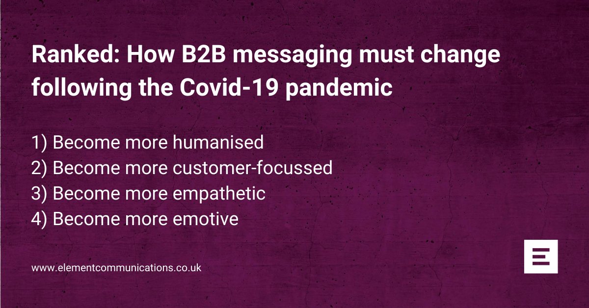 Things will 'never be the same again' for B2B marketers following the Covid-19 pandemic. To find out how senior decision makers believe brands must adapt, download our 2020 Vision Report: elementcommunications.co.uk/2020-vision-re…

#AuthenticCommunications #pr #B2B