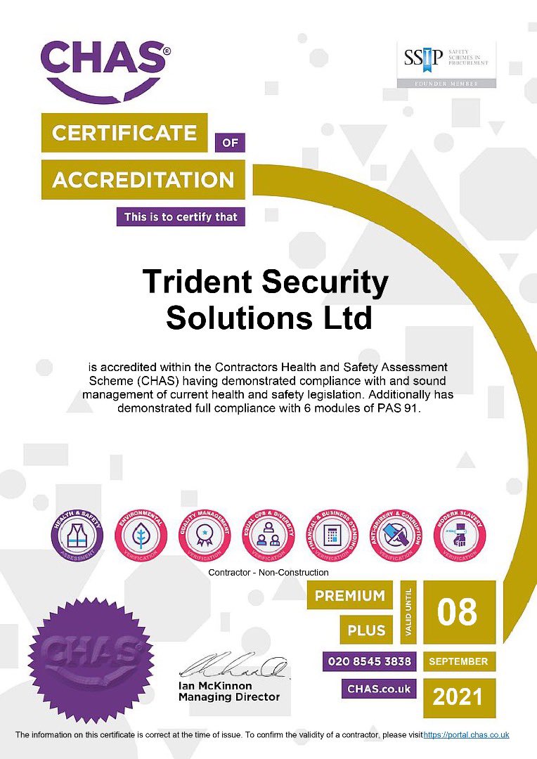Tr1dentsecurity's tweet photo. Trident Security team take great pleasure in announcing that we have completed CHAS - Contractors Health & Safety Assessment Scheme & now can proudly display this accreditation alongside our many others.
#chas #securitysafety #securitynottingham #accreditedcompany #security https://t.co/G34gUB4kzG