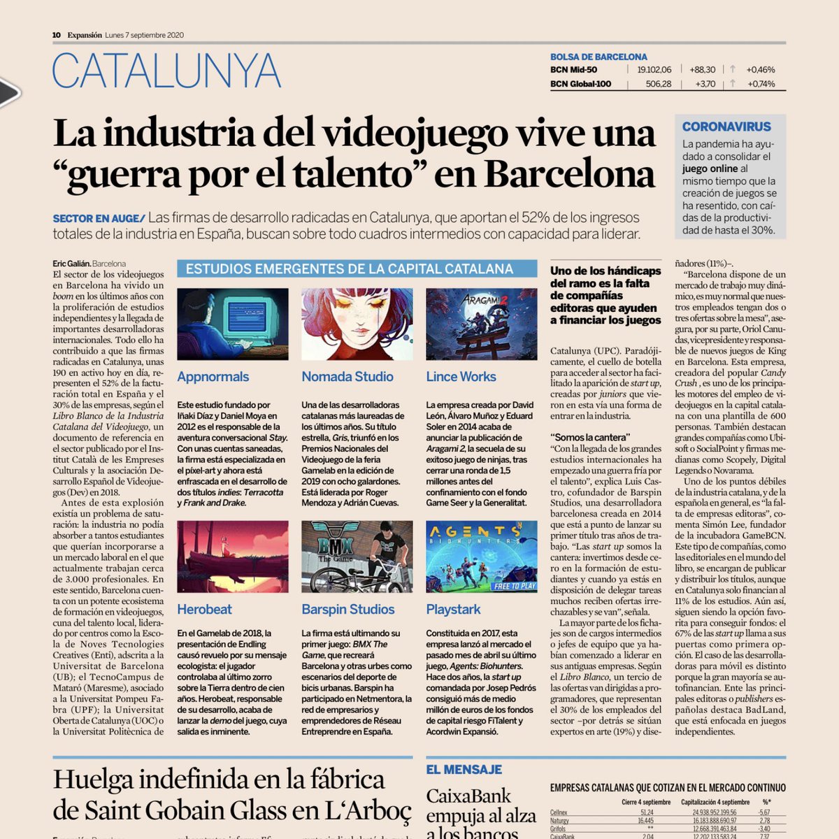 Orgullosos de veure en el diari Expansión com quatre dels estudis de la nostra comunitat de #videojocs lluiten en la guerra pel talent amb els grans. <a href="/appnormals/">Appnormals</a>, <a href="/LinceWorks/">Lince Works</a>, <a href="/HerobeatStudios/">Rewilders 🐝 Wishlist now!</a>, <a href="/PlaystarkGames/">The Old Man and His Cat</a> A guanyar aquesta guerra!

<a href="/gamebcn/">GameBCN</a>
<a href="/peninsulacorp/">Peninsula Corporate Innovation</a> 
<a href="/expansioncom/">expansioncom</a>