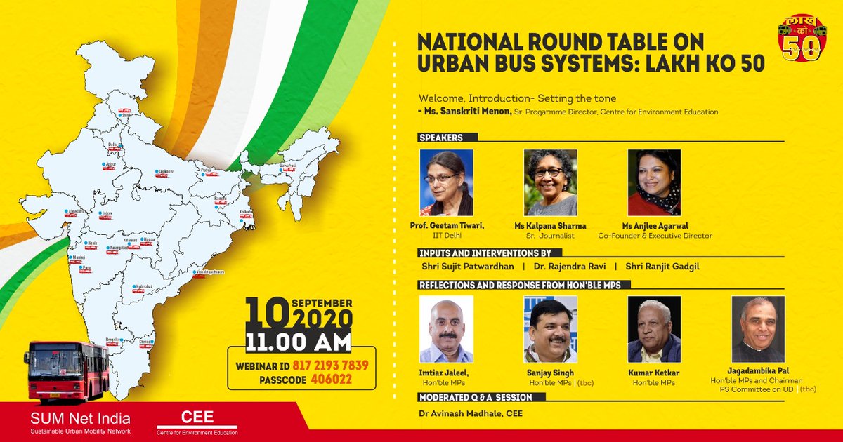 CEEahmedabad's tweet photo. :
JOIN US for THE ROUND TABLE ON URBAN BUS SYSTEMS tomorrow, September 10
Time:11 AM - 12:30 PM
Venue: https://t.co/HNyoRVBgCI
Webinar ID: 817 2193 7839
Passcode: 406022
#lakhko50, #BustoRecovery, #BuildBackBetter https://t.co/LfjKXB9vcJ