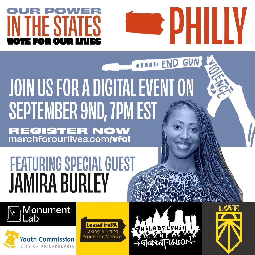 Enough is enough. We need to mobilize and #VoteForOurLives so we can strive towards a Pennsylvania free from gun violence.

Join us tonight as we rally with @JamiraBurley, <a href="/CeaseFirePA/">CeaseFirePA</a>, <a href="/YoungFlames215/">Young Flames 🔥</a>, <a href="/JoshShapiroPA/">Josh Shapiro</a>, and more to call for change #OurPower
secure.everyaction.com/ATQ7siefkECZ63…