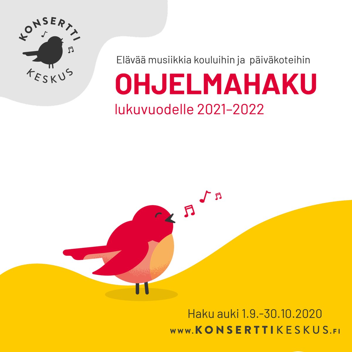 Ohjelmahakumme lukuvuodelle 2021-2022 on käynnissä lokakuun loppuun saakka. Etsimme korkeatasoisia lapsille ja nuorille suunnattuja musiikkipainotteisia esityksiä.  Hakuohjeet ja -lomake nettisivuillamme. 
konserttikeskus.fi/ohjelmahaku