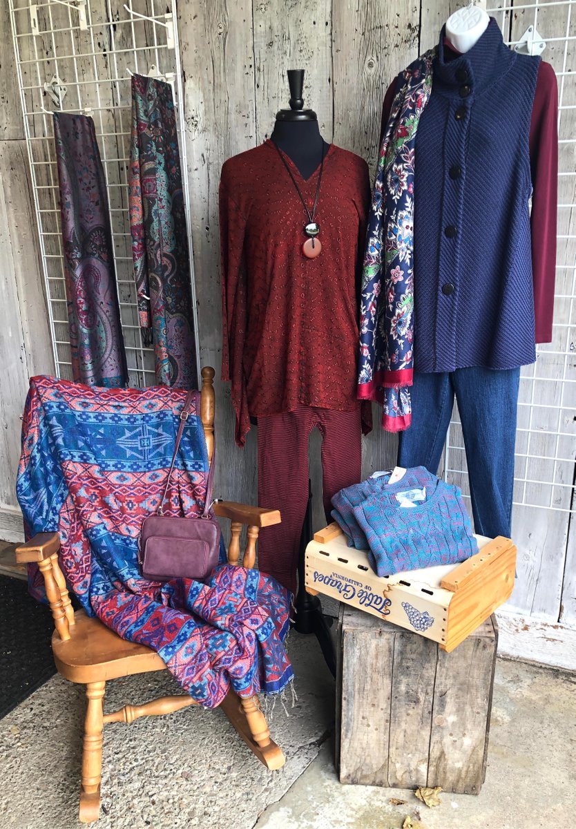 SweaterVenture's tweet image. Scarves, shawls and wraps from Sacred Threads are featured with an embroidered top and printed leggings. Retro Pocket vest in color Moonlight by Habitat is worn with Ruby Road jeans and C'est Moi top. Sweaters are by   our knitters in Ecuador, bag by Joy Susan.