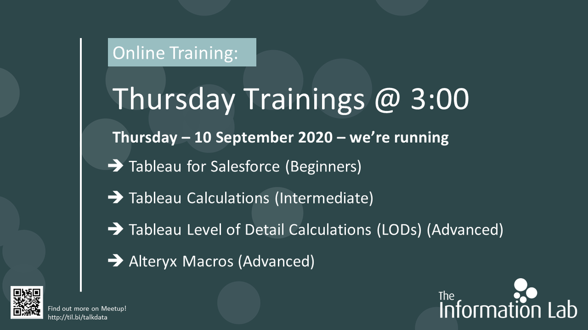 infolabUK's tweet photo. Are you already signed up for our Thursday Training at 3pm tomorrow?
See how to get your #salesforce data in to #Tableau, start building #Alteryx macros or brush up on you #Tableau calculations or LODs.
Here's the link https://t.co/Ms87mQ62aT https://t.co/TTfH8Adx5l