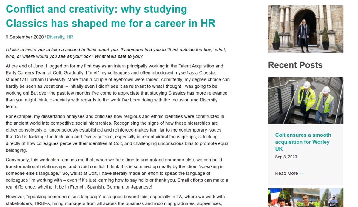 c_h_perkins's tweet photo. Working full time during lockdown has not always been fun. But there are some days to celebrate - like today when my blog explaining why a @Durham_Classics degree is relevant to HR got published!
Studying a non vocational subject is a doorway, not a brick wall.
#classiccatherine https://t.co/VRf2retCzc