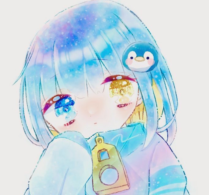 1girl heterochromia blue eyes blue hair yellow eyes solo penguin  illustration images