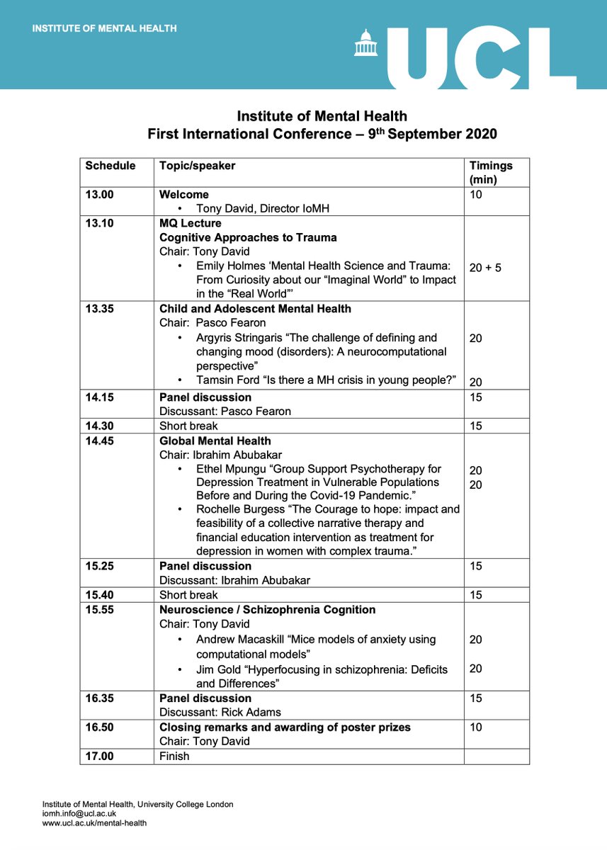 We have a star-studded line up today!  #IoMHConf2020 Here's the agenda for the afternoon @UCLMentalHealth  @MQMentalHealth  @UCLBrainScience  @ProfTonyDavid  @PascoFearon  @ProfIAbubakar  @dr_rick_adams  @argStringaris  @Tamsin_J_Ford  @ethelmpungu  @thewrittenro  @MacAskillAF  @jamesmgold