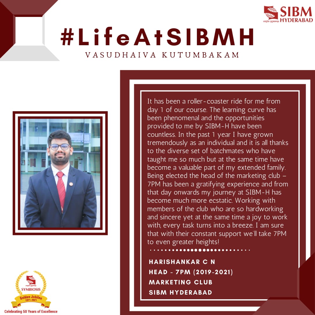 SIBMHYD's tweet photo. SIBM Hyderabad presents to you the journey of our students so far.
The head of the Marketing Club, Harishankar C N gives an insight of #LifeatSIBMH.
#symbiosis #siu #sibmh https://t.co/z2Ti6Foij5