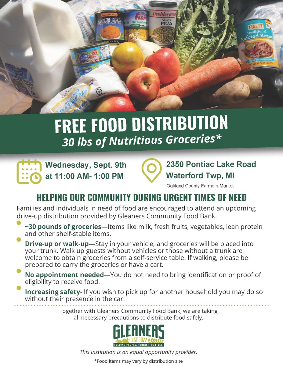 publichealthOC's tweet photo. Attend a drive-thru food distribution today from 11:00am-1:00pm at Oakland County Farmers Market. Food is given on a first-come, first-serve basis. https://t.co/CFCOM8Dp1r