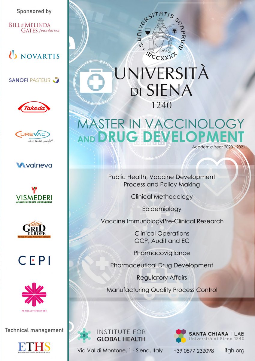 🆕 Applications now open‼️‼️

We are pleased to announce that Master in Vaccinology💉 and Drug Development 💊academic year 2020-2021 is now #open for #applications up to September 30, 2020 at 11:59PM italian time.

✅ ifgh.org/educational-pr…
<a href="/unisiena/">Università di Siena</a>