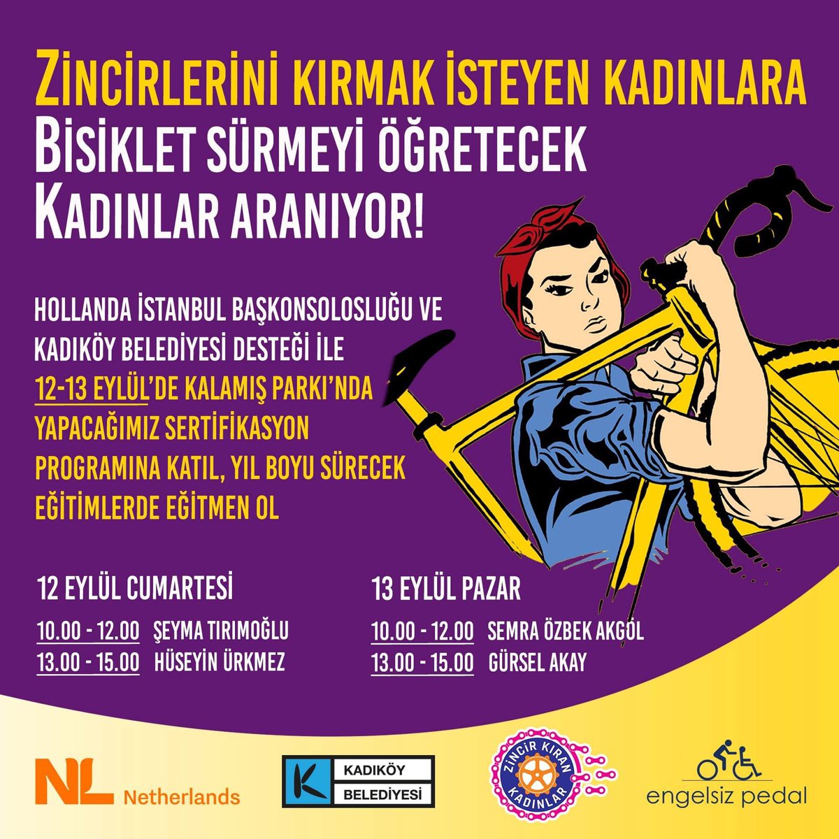 Kadıköy Belediyesi (@kadikoybelediye) on Twitter photo Zincirlerini kırmak isteyen kadınlara yol gösterecek, bisiklet sürmeyi öğretecek kadınlar aranıyor 🚲💪
<a href="/EngelsizPedal/">Engelsiz Pedal</a>, <a href="/NLinIstanbul/">NL Consulate General Istanbul 🇳🇱🇹🇷</a> ve Kadıköy Belediyesi işbirliği ile ilki bu hafta sonu Kalamış Parkı’nda gerçekleşecek eğitimlere başvurmak için:
forms.gle/NSta5oFCkpYJtR… Zincirlerini kırmak isteyen kadınlara yol gösterecek, bisiklet sürmeyi öğretecek kadınlar aranıyor 🚲💪
<a href="/EngelsizPedal/">Engelsiz Pedal</a>, <a href="/NLinIstanbul/">NL Consulate General Istanbul 🇳🇱🇹🇷</a> ve Kadıköy Belediyesi işbirliği ile ilki bu hafta sonu Kalamış Parkı’nda gerçekleşecek eğitimlere başvurmak için:
forms.gle/NSta5oFCkpYJtR…
