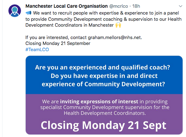 Adam, Health Development Coordinator (HMSR HDC) (@adamhealthdev) on Twitter photo Are you a #CommunityDevelopment expert with #coaching experience?
Want to help <a href="/mcrlco/">Manchester Local Care Organisation</a> develop an innovative approach to building stronger, healthier communities?
If you might be interested, contact graham.mellors@nhs.net by 21st September
#Manchester #community #wellbeing Are you a #CommunityDevelopment expert with #coaching experience?
Want to help <a href="/mcrlco/">Manchester Local Care Organisation</a> develop an innovative approach to building stronger, healthier communities?
If you might be interested, contact graham.mellors@nhs.net by 21st September
#Manchester #community #wellbeing