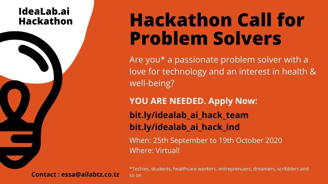 Team up/apply individually to be part of our partners in Tanzania @ailabtz online hackathon to develop innovative AI-driven solutions to African’s health problems &amp; get rewarded with cash prizes.

Individual: bit.ly/3bIaxdv
Team: bit.ly/2DH3N35