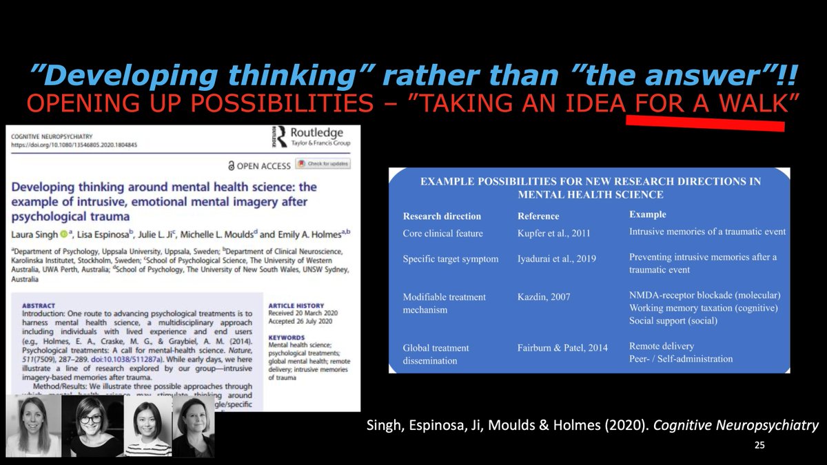 Developing thinking around mental health science: the example of intrusive, emotional mental imagery after psychological trauma  https://doi.org/10.1080/13546805.2020.1804845Cited by Emily Holmes at  #IoMHconf2020