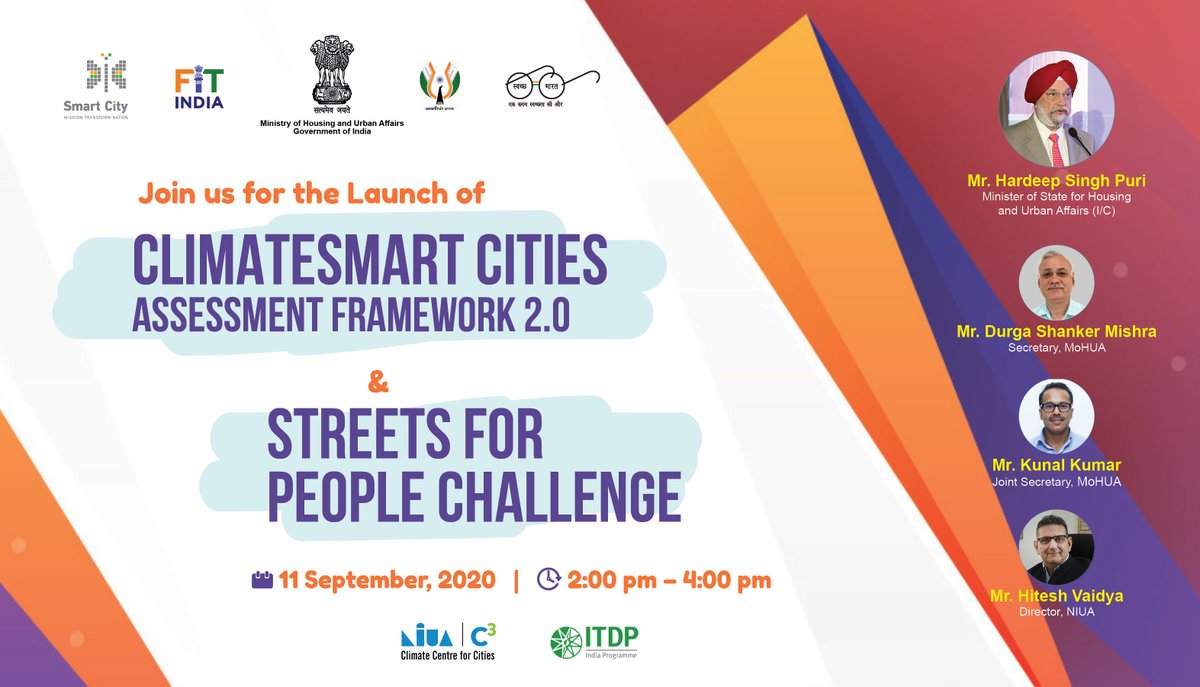 SAVE THE DATE

Launch of ClimateSmart Cities Assessment Framework 2020 &amp; Streets for People Challenge

--> 11 September (02:00pm - 04:00pm IST)

Register 👉 forms.gle/JqXSjFhsKoe7BU…

More details to follow!

<a href="/MoHUA_India/">Ministry of Housing and Urban Affairs</a> <a href="/SmartCities_HUA/">Smart Cities Mission</a> @itdpindia #CCube