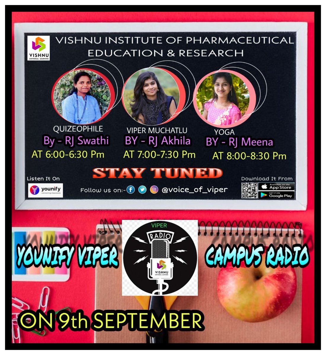 viper_voice's tweet photo. To add more fun we are here with the shows VIPER MUCHATLU, YOGA , QUIZEOPHILE so everyone stay tuned to viper campus younify radio.
#younify #younifycampusradio #vipercampusyounifyradio #vishnuinstituteofpharmaceuticaleducationandresearch #rjswathi #rjakhila #rjmeena https://t.co/XBF7jDnBJ8