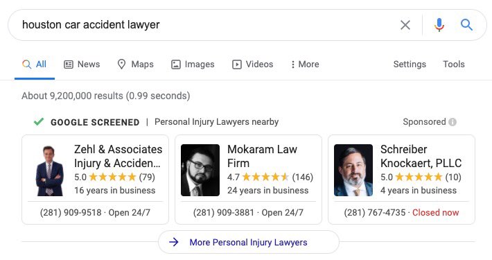 leannpickard's tweet image. Starting to see personal injury #attorney pictures within LSAs in the wild. Anyone else seeing pictures consistently for PI lawyers? #ppchat #localppc #ppc #legalmarketing