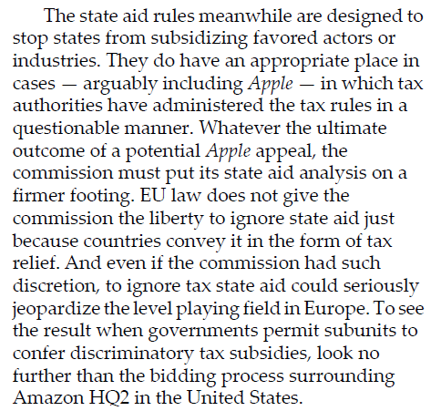 3/ The prohibition of state-aid can't fix the int'l tax system, but it has a role to play in preventing abuse. That is, if the Commission can find a coherent way to enforce it. (Europe, don't suffer the fate of the U.S. on uncontrolled subsidies!) https://bit.ly/3jVG4eU&nbsp;