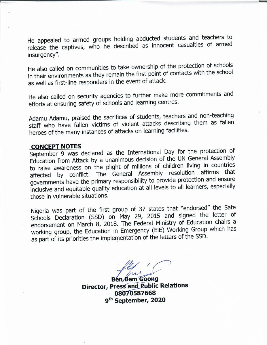 PRESS RELEASE:

EDUCATION MINISTER CALLS FOR PROTECTION OF SCHOOLS, RELEASE OF STUDENTS, TEACHERS IN CAPTIVITY, PROMISES GOVT'S COMMITMENT TO SAFE LEARNING ENVIRONMENT