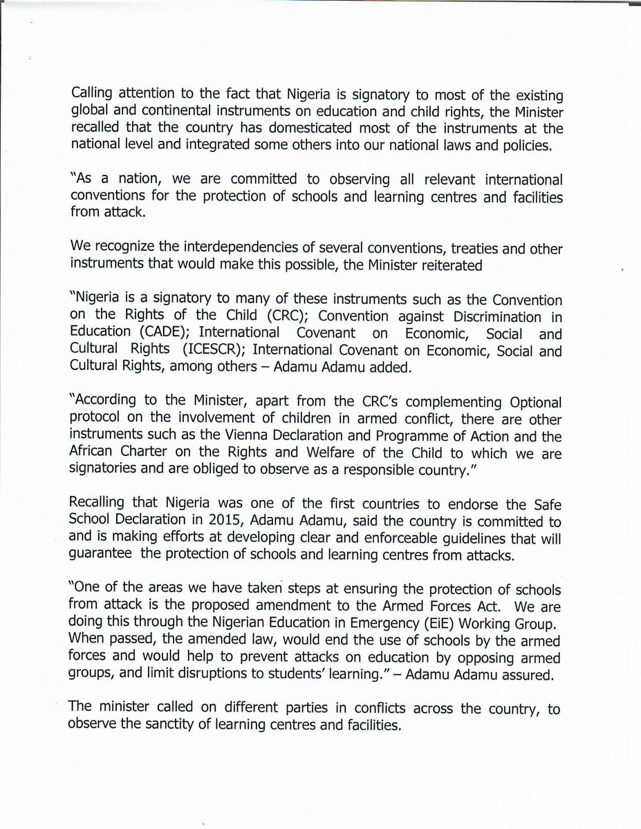 NigEducation's tweet photo. PRESS RELEASE:

EDUCATION MINISTER CALLS FOR PROTECTION OF SCHOOLS, RELEASE OF STUDENTS, TEACHERS IN CAPTIVITY, PROMISES GOVT'S COMMITMENT TO SAFE LEARNING ENVIRONMENT https://t.co/K8JrUzNpOT