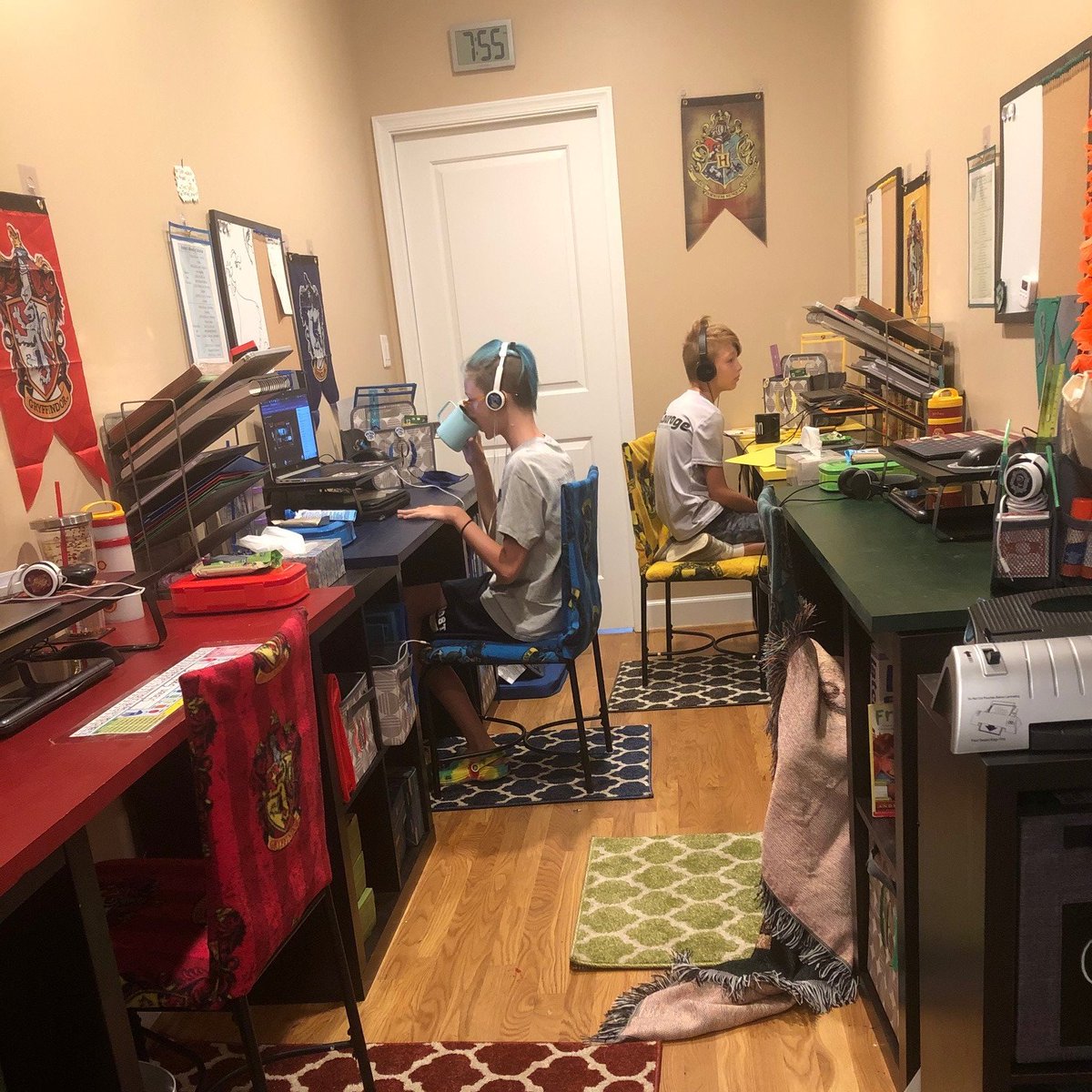 jillianbgardner's tweet photo. Day 2 for the bigs… a little harder to wake up, but excited to see some of their favorite @FrostMSVA teachers today - Ms. J for @Frost_Theatre and @JenChamp for Falcon focus and English. #OneFrost #FCPSVirtual @HogwartsHomeschool #GardnerQuaranTEAM https://t.co/ViFVPZQIOw