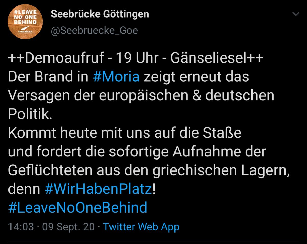 linksunten_goe's tweet photo. Spontan #Demonstration "#Moria brennt - #WirHabenPlatz - Evakuiert die Lager jetzt" | Mittwoch 09.09.2020 | 19 Uhr | #Gänseliesel #Göttingen | aufgerufen u.a. durch: @Seebruecke_Goe @bl_goe und "Offenes Treffen Göttingen" https://t.co/mxVdRKnI0o