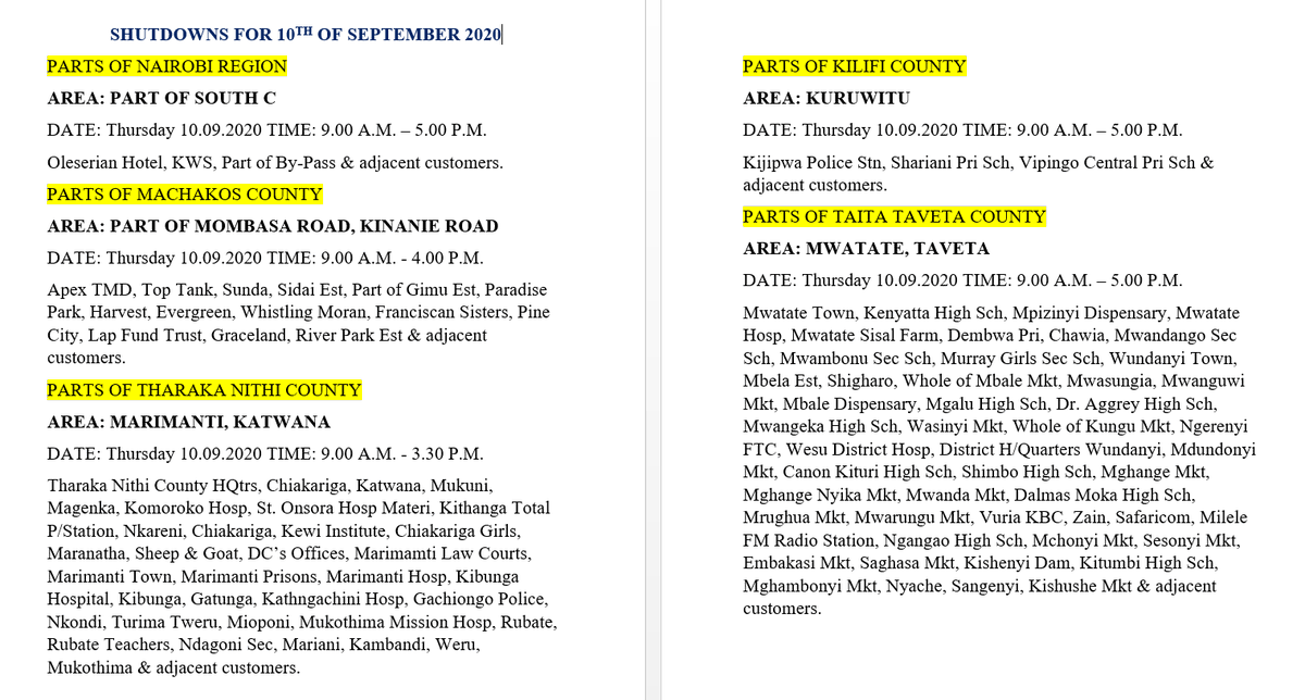 KenyaPower_Care's tweet photo. Good evening. Please find shutdowns for Thursday, 10th of September 2020.^MM https://t.co/o0KpRLzbz3