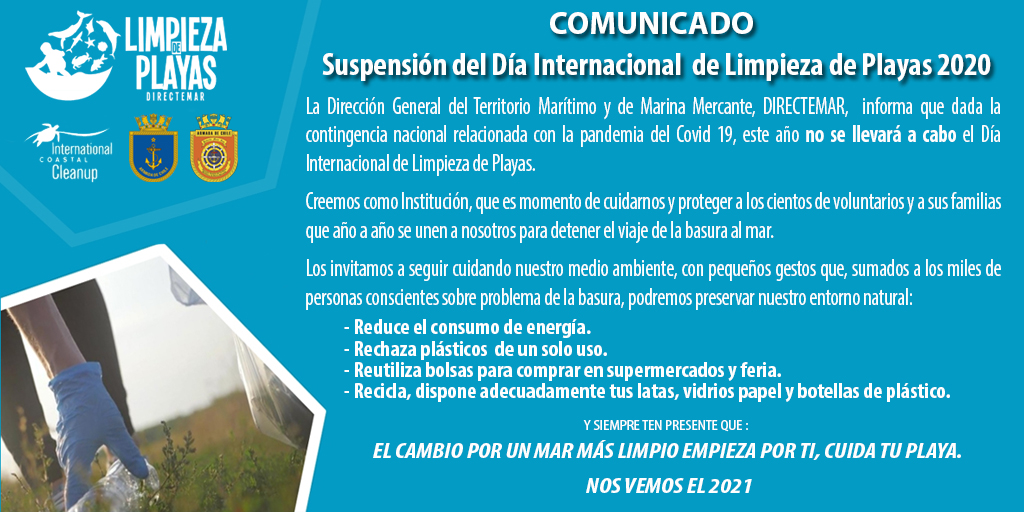 LimpiezaPlayas's tweet photo. Comunicado sobre la suspensión del Día Internacional de Limpieza de Playas 2020. https://t.co/rTitxxGJID