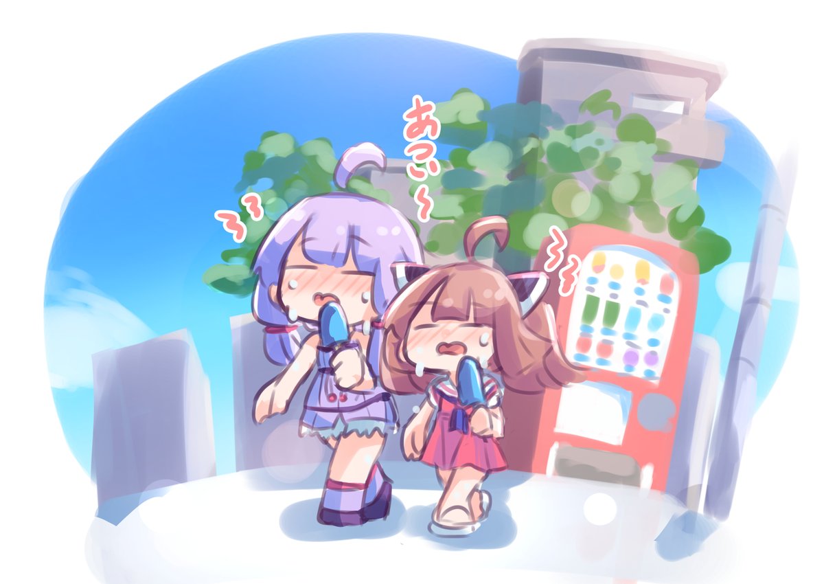 touhoku kiritan ,yuzuki yukari 2girls multiple girls food popsicle purple hair ahoge sweat  illustration images