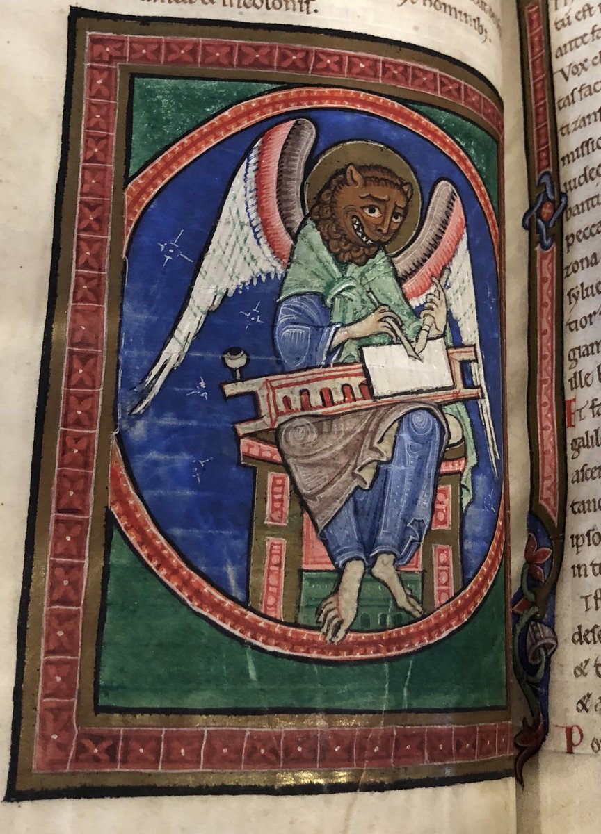 Illustration of St Mark with his lion’s head and gorgeous wings by the ‘Alexis Master’ in the 12C at St Albans Abbey, from a book of gospels in ⁦@HFDCathedral⁩ #SeptemberSaints #animalsinchurches