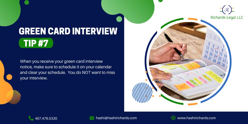 hashirichards's tweet image. Green Card Interview Tip #7

When you receive your green card interview notice, make sure to schedule it on your calendar and clear your schedule.  You do NOT want to miss your interview.  #greencard #orlandoimmigration #greencardinterview #uscis #orlandoimmigrationattorney