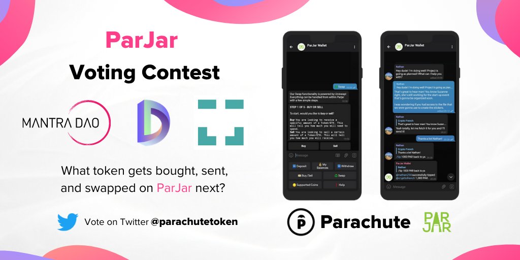 parachutetoken's tweet photo. Let's go! Good luck @MANTRADAO @DIAdata_org 
@xdaichain 💪🚀

#cryptocurrency #votingcontest #blockchain #DeFi #altseason $alts $PAR https://t.co/B4Xzjx4sl2
