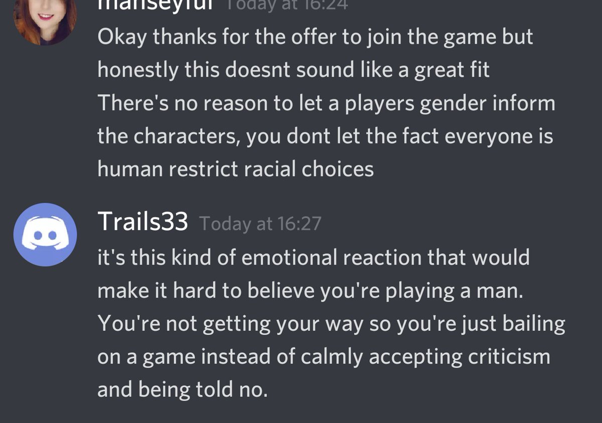 Manseyful01's tweet image. Honestly I thought this would go without saying but don't be like this guy. #DnD is for everyone and forcing the characters you can play to be based on who you are, or are perceived to be, is limiting at best and sexist/misogynistic/transphobic at worst.