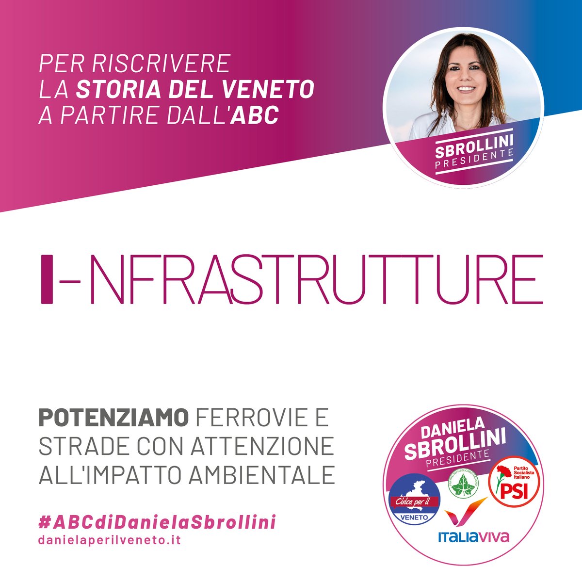 Oggi #ABCdiDanielaSbrollini , il nostro nuovo linguaggio parte della I di #infrastrutture per entrare nel vivo del mio programma che propone azioni concrete su #ferrovie #strade e naturalmente l'#impattoambientale. 

#DanielaSbrolliniPresidente
#ElezioniRegionali2020