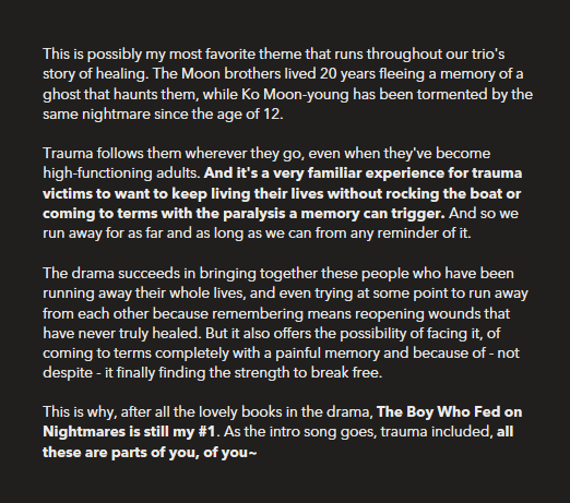 #4 Trauma as a theme: its meaningful treatment of the tension between remembering and blissful ignorance, of trauma victims' fight-or-flight responses to memories or abusers themselves. 