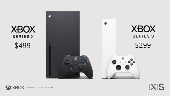 The Xbox Series X and Xbox Series S standing next to each other featuring two controllers. The prices for both consoles are listed: $499 for the Xbox Series X and $299 for the Xbox Series S.