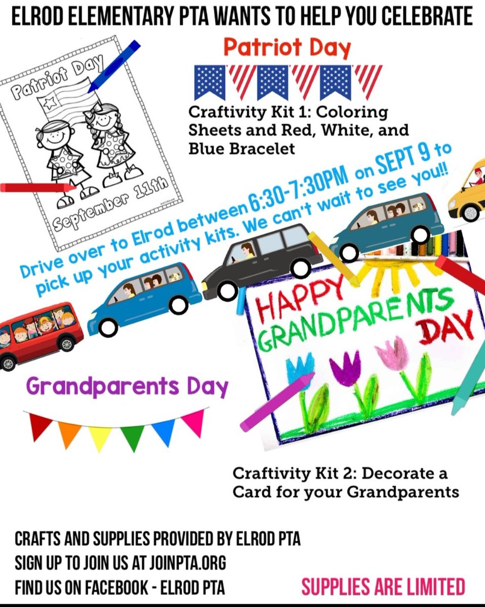 Elrod Eagles, please join us tonight as Elrod's PTA helps our Eagles celebrate Grandparent's Day and Patriot's Day. PTA will be giving out Craft Kits from 6:30-7:30pm (rain or shine) in front of the school.