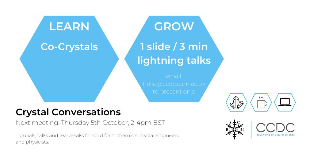 ccdc_cambridge's tweet photo. Calling all #students and #scientists in solid form #chemistry - would you deliver a 1 slide / 3 minute lightning talk at the October #CrystalConversations virtual meeting with @BACG_ ?
Register now and get in touch if you'd like to present a slide > https://t.co/zt9IHORQOG https://t.co/1EzsYXkAur