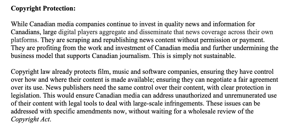 For more context, Canada’s big media industry is lobbying the government to rewrite copyright laws to treat news like entertainment content.Except news content is already protected and public interest journalism is not the same as a Hollywood movie. https://nmc-mic.ca/wp-content/uploads/2020/02/Joint-Public-Declaration_EN-Final_2020-02-11.pdf